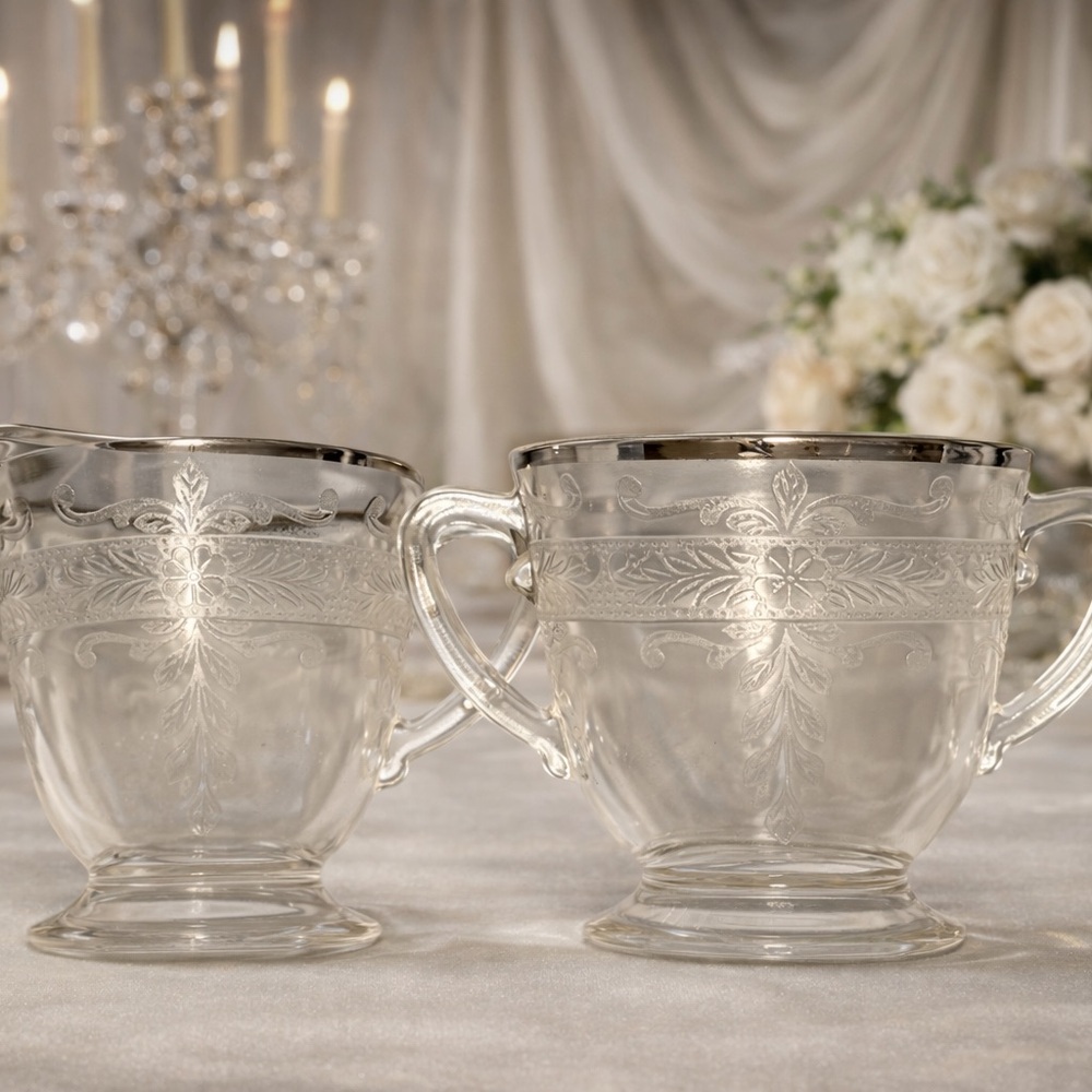 Macbeth-Evans Etched Glass Sugar & Creamer w/ Sterling Silver Rim Elegant